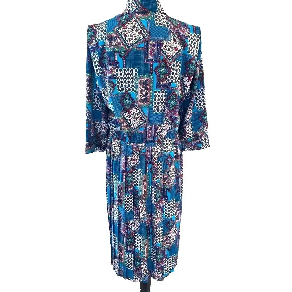 Vintage 80s Schrader Petite Dress Womens 14P Paisley Patchwork Shirtdress Midi